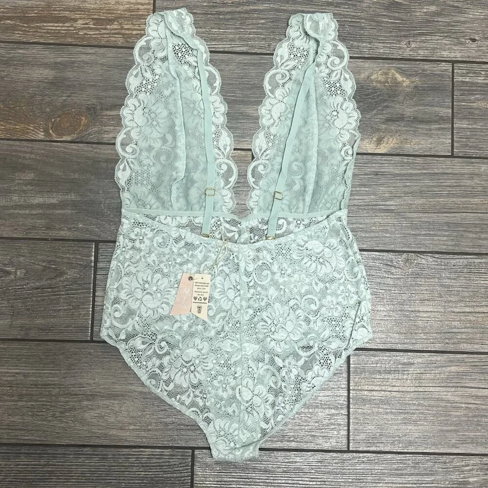 NWT Free People X HAH Comin in Haht Lace Bodysuit Small Something Blue Bride